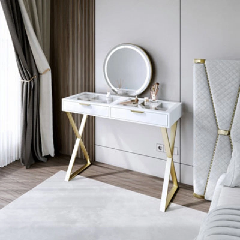 Image of CARME Home Jess White/gold Dressing Table With Maisie Touch Sensor LED Mirror