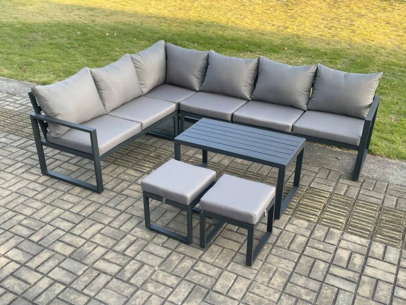 Image of Fimous Aluminium Garden Furniture Set Outdoor Indoor Lounge Corner Sofa Oblong Coffee Table Sets with 2 Small Footstools Dark Grey Dark Grey Unisex