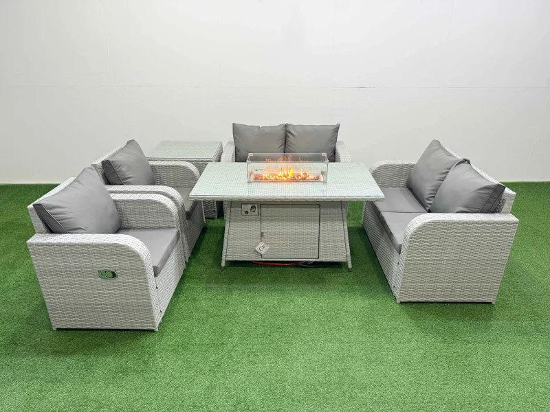 Image of Fimous 6 Seater Outdoor Reclining Chair Love Sofa Set Rattan Garden Furniture Set with Firepit Dining Table Side Table Light Grey Light Grey