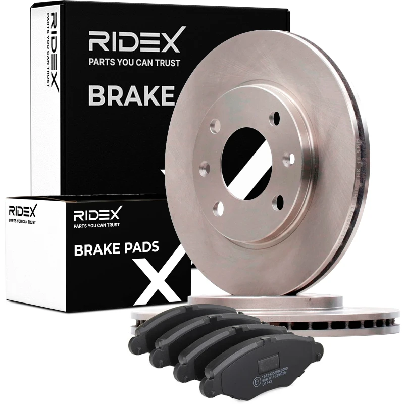 Image of RIDEX 3405B0371 Brake disc and pads set Front Axle, Brake Disc Type: internally vented, excl. wear warning contact Brake Set,disc brakes (3405)