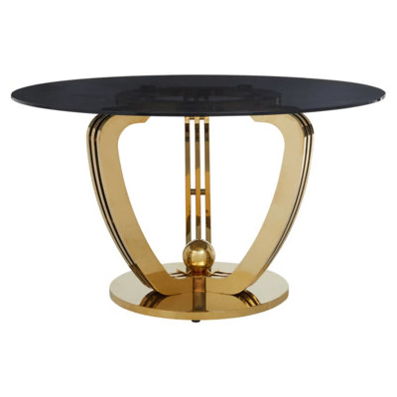 Image of Premier Housewares Interiors By Premier Grey Tempered Glass Dining Table, Brushed Gold Stainless Steel Frame, Modern Cross-Brace Design Dining Table