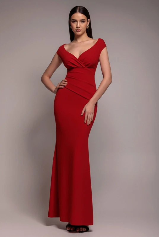 Image of Goddiva Womens Bardot Pleated Maxi Dress in Red Size: 10 Red Female 10