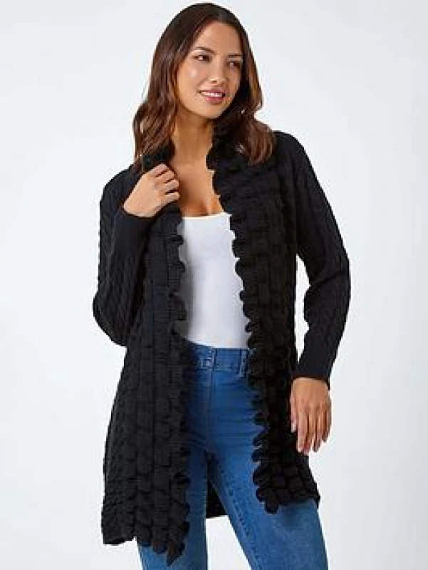 Image of Roman Womens Longline Ruffle Detail Cardigan in Black Size: 18 Black Female 18