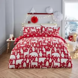 image of Fusion Christmas Arctic Animals Reversible 100% Cotton Duvet Cover Set, Red, Double