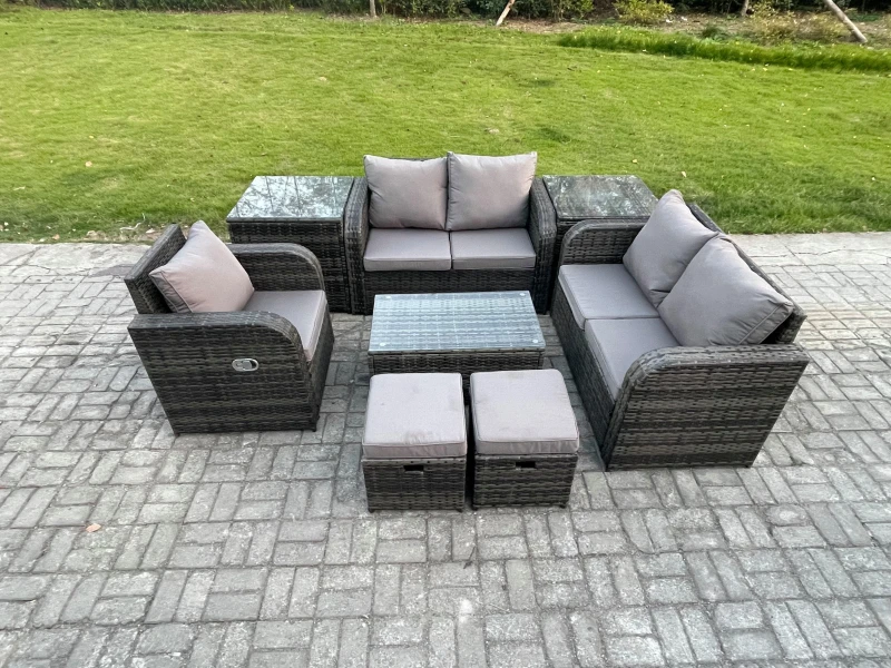Image of Fimous 7 Seater High Back Rattan Garden Furniture Set with Loveseat Sofa Coffee Table 2 Small Footstools 2 Side Tables Indoor Outdoor Lounge Sofa Set