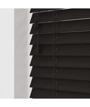 Image of Dark Walnut 50mm Fine Grain Slatted Faux Wood Venetian Blinds with Strings 130cm Drop