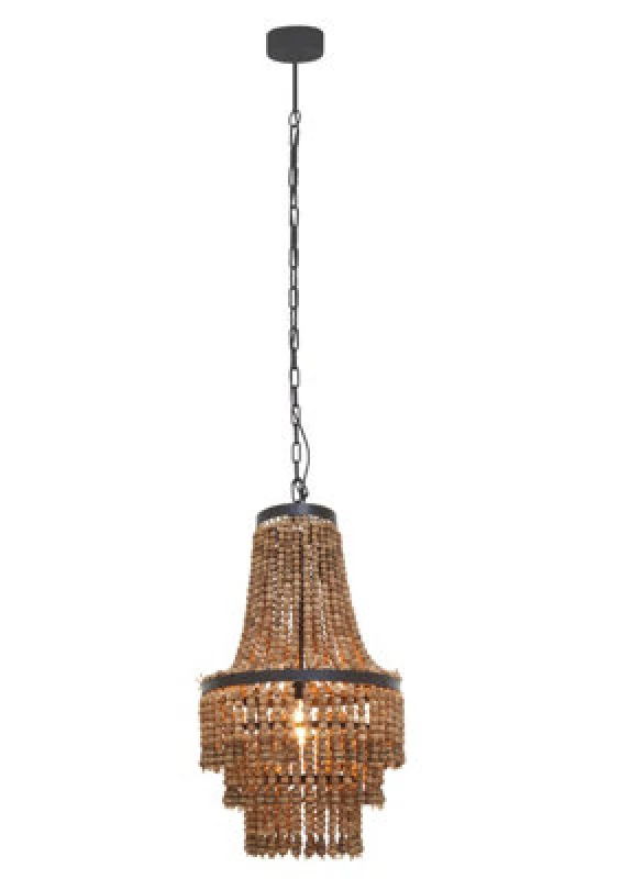 Image of Orsina Rustic Wood Chandelier With Black Iron Frame, Handcrafted Three-Tier Pendant Light, Organic Hanging Light