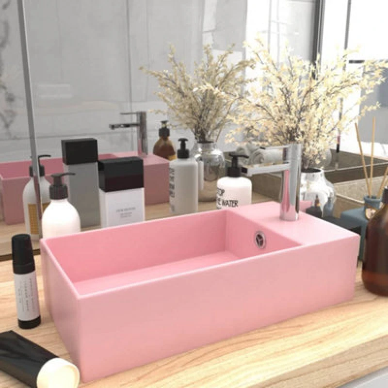 Image of VIDAXL Bathroom Sink with Overflow Ceramic Matt Pink vidaXL 8720286036938