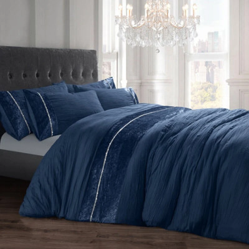 Image of Intimates Diamante Crushed Velvet Duvet Cover & Pillowcase Set in Navy Size: Double Navy Unisex Double