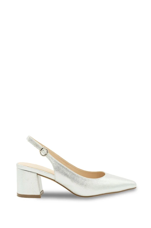 Image of Paradox London Wide Fit Shimmer 'Flynn' Mid Block Heel Sling Back Court Shoe Silver