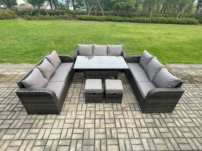 Image of Fimous Rattan Garden Furniture Set with Oblong Rectangular Dining Table 2 Small Footstools 11 Seater Outdoor Lounge Sofa Set Dark Grey Mixed Dark Grey