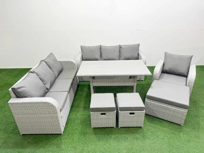 Image of Fimous 10 Seater Poly Rattan Outdoor Garden Furniture Rectangular Dining Table Sofa Set Patio 3 Seater Sofa Reclining Chair 3 Seater Sofa 3 Stools Lig