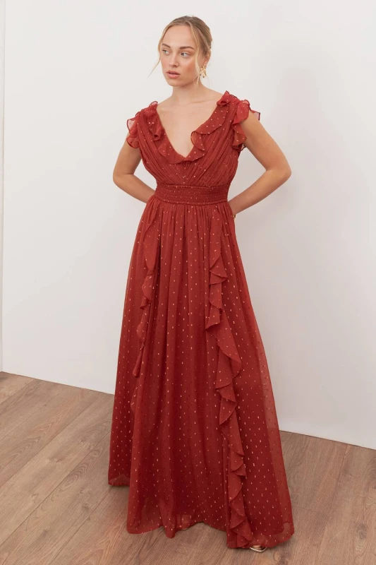 Image of Anaya with Love Womens Plunge Neck Waterfall Ruffle Maxi Dress in Red Size: 10 Red Female 10