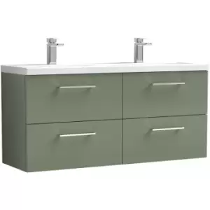 image of Nuie Arno Satin Green 1200mm Wall Hung 4 Drawer Vanity Unit with Twin Polymarble Basin - ARN824F - Satin Green