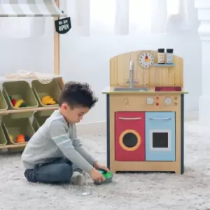 Image of Little Chef Porto Classic Small Wooden Kitchen Playset with Interactive Features and 4 Pretend Play Cooking Accessories Natural/Multi TD-13595C