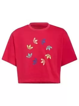 Image of adidas Originals Junior Girls Trefoil Graphic Cropped T-Shirt - Pink/Multi, Pink/Multi, Size 7-8 Years, Women