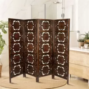 Topfurnishing - 4 Panel Heavy Duty Carved Indian Screen Wooden Swirl Design Screen Room Divider 183x50cm per panel, wide open 202cm [Dark Brown]