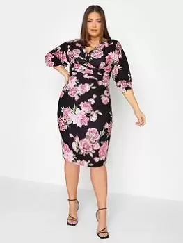 Image of Yours Curve Pleat Drop Shoudler Floral Wrap Dress, Black, Size 16, Women