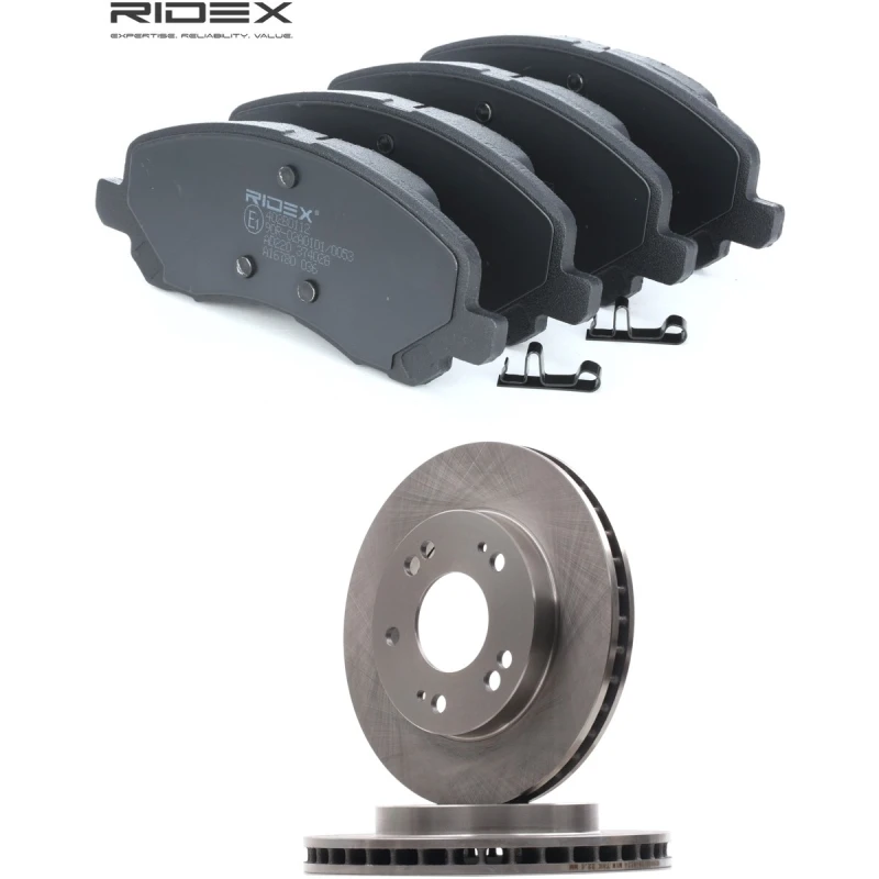 Image of RIDEX 3405B2736 Brake disc and pads set Front Axle, Brake Disc Type: internally vented, with acoustic wear warning Brake Set,disc brakes (3405)