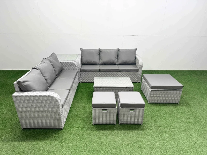 Image of Fimous Outdoor Garden Furniture Sets 9 Seater Wicker Rattan Furniture Sofa Sets with Rectangular Coffee Table high Back Lounge Sofa 3 Stools Side Tabl