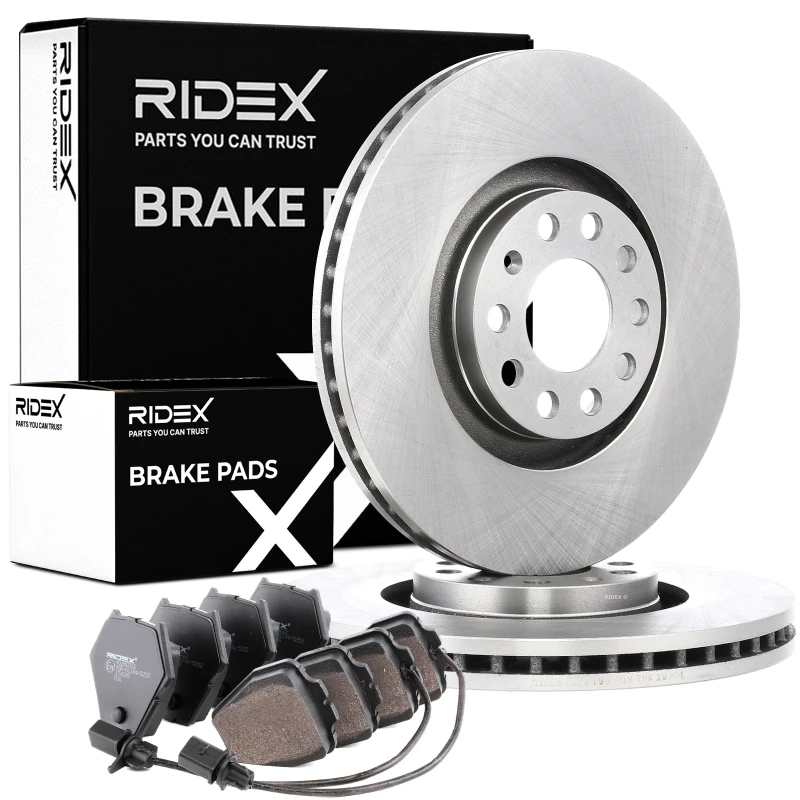 Image of RIDEX 3405B0440 Brake disc and pads set Front Axle, Brake Disc Type: Vented, incl. wear warning contact Brake Set,disc brakes (3405)