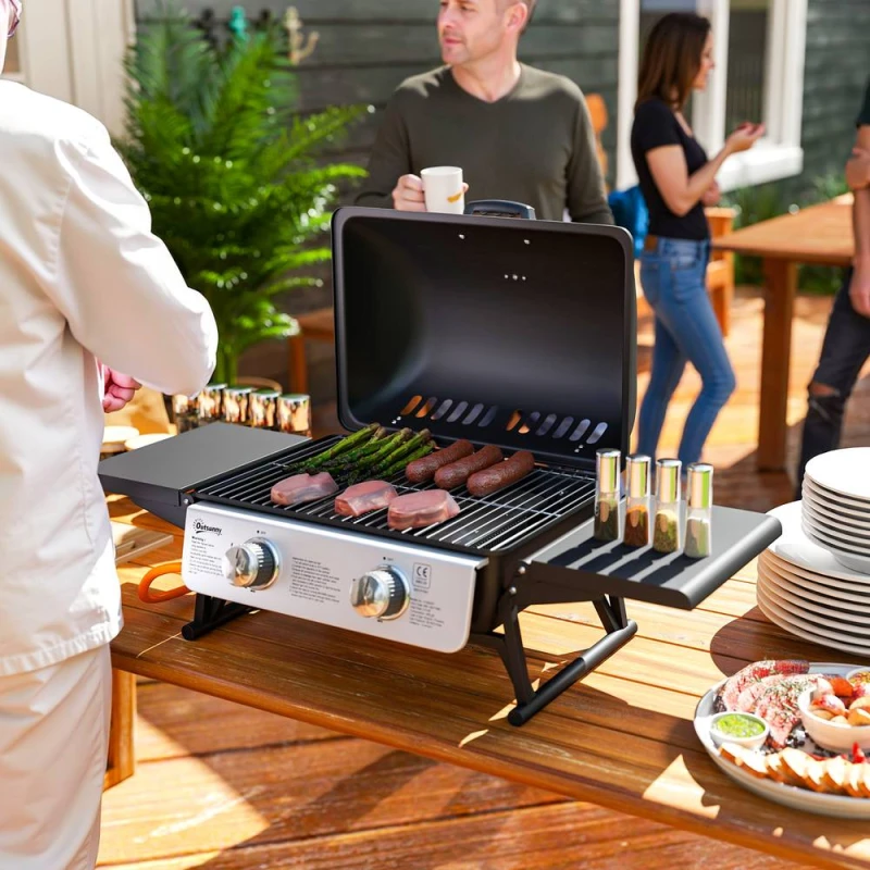 Image of Outsunny Portable Tabletop Gas Barbecue Grill with Thermometer, Black 846-182V70BK