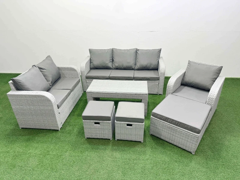 Image of Fimous Patio PE Wicker 9 Seater Outdoor Rattan Furniture Sofa Sets with Oblong Coffee Table Reclining Chair Loveseat Sofa 3 Seater Sofa Stool Light Gr