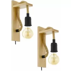 Image of Loops - 2 pack LED Wall Light / Sconce Modern Wood & Rope Hangman Lamp 1x 10W E27