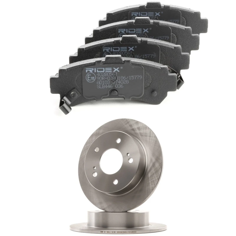 Image of RIDEX 3405B2326 Brake disc and pads set Rear Axle, Brake Disc Type: Solid, with acoustic wear warning Brake Set,disc brakes (3405)
