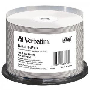 image of Verbatim C43756 52x Blank CD-R Thermal Printable Discs - 50 Pack Spind