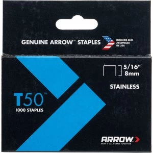 image of Arrow T50 Stainless Steel Staples 8mm Pack of 1000