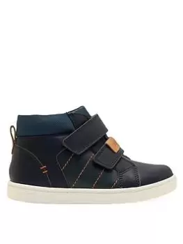 Image of Start-rite Discover Leather Double Riptape Padded Ankle Hi-Top Trainers - Navy/Green, Size 10 Younger