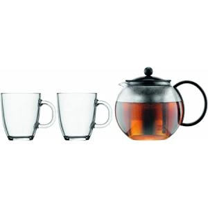 image of Bodum ASSAM Tea Press with S/S Filter, 1.0L, 34oz and 2 Mugs, 0.35L, 12oz, Black/Clear