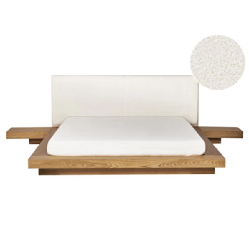 Image of Beliani Bed Boucle Zen 160 X 200 Cm (Eu King Size) Natural Ash Wood