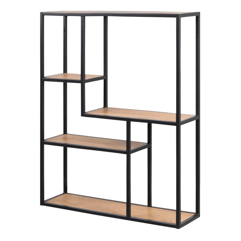 Image of Furniture To Go Seaford Black Metal Wide Wall Shelf with 3 Additional Oak Shelves Black Unisex