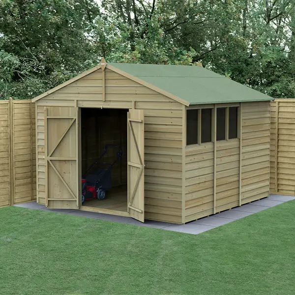 image of 10' x 10' Forest 4Life 25yr Guarantee Overlap Pressure Treated Double Door Apex Wooden Shed (3.21m x 3.01m)