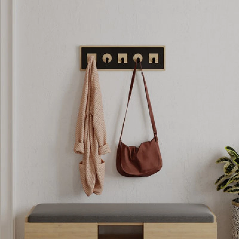 Image of Decortie Modern Icon Oak Wall-Mounted Hanger With Black Metal 5 Hook For Coats, Round Square Shape 54.20(W)X2(D)X16(H)Cm