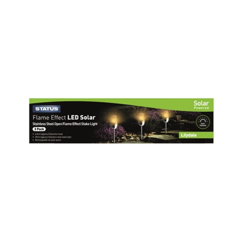 Image of Status Lilydale - 6.3cm - LED - Solar - Open Flame Effect Stake Light - Stainless Steel, 3 Pack