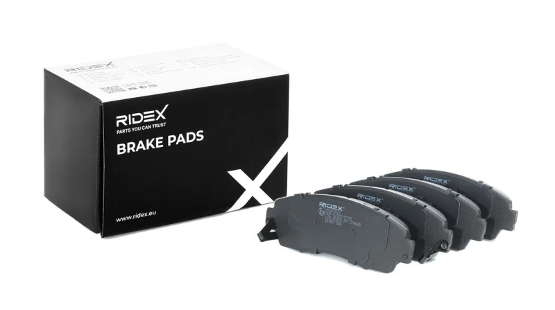 Image of RIDEX 402B1037 Brake pad set Front Axle, with acoustic wear warning, without accessories, with anti-squeak plate Low-Metallic Brake Pad Set,disc brake