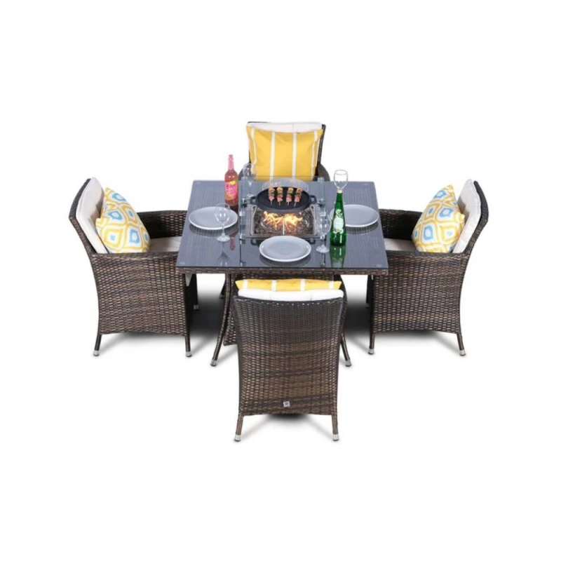Image of Thats Furniture Savannah Fire Pit 4 Seater Square Rattan Dining Set in Brown Brown Unisex
