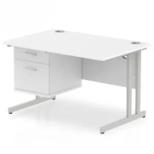 image of Impulse 1200 Rectangle Silver Cant Leg Desk White 1 x 2 Drawer Fixed Ped