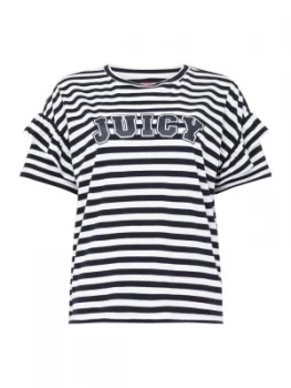 image of Juicy by Juicy Couture Short Sleeve Striped Logo Ruffle Sleeve T Shirt White Blue