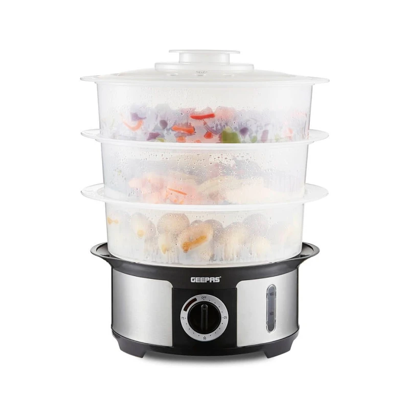 Image of Geepas Food Steamer 12L Electric 3 Tier Slow Cooker for Vegetable Fish White unisex