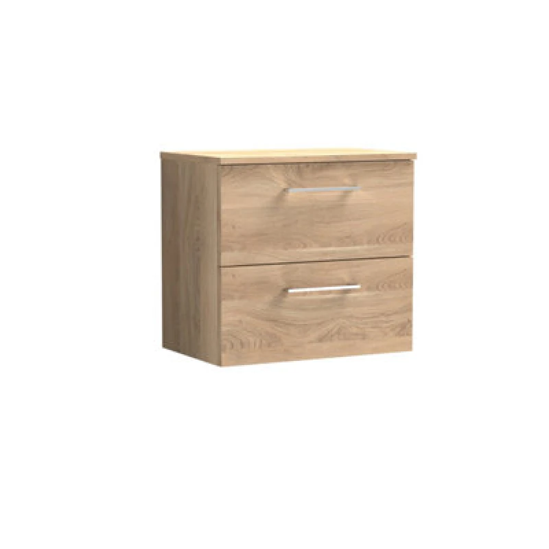 Image of Nuie Arno Wall Hung 2-Drawer Vanity & Bleached Cuneo Oak Worktop, Stylish Counter Top Vanity Unit In Bleached Oak, 600mm