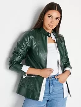 image of Long Tall Sally Dark Green Faux Leather Funnel Neck Jacket, Green, Size 10, Women