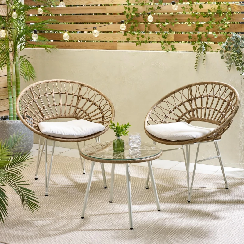 Image of FurnitureboxUK FurnitureboxUK Crete Light Brown Rattan Outdoor Table & 2 Chairs Set Light Brown One Size Unisex 5061064385378