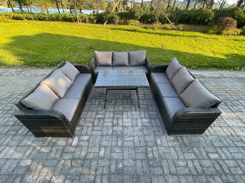 Image of Fimous 9 Seater Wicker Rattan Garden Furniture Set with Rectangular Dining Table Patio Outdoor Lounge Sofa Set Dark Grey