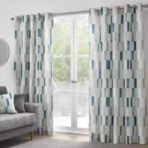 image of Fusion Oakland Contemporary Print 100% Cotton Eyelet Lined Curtains, Teal, 46 x 54 Inch