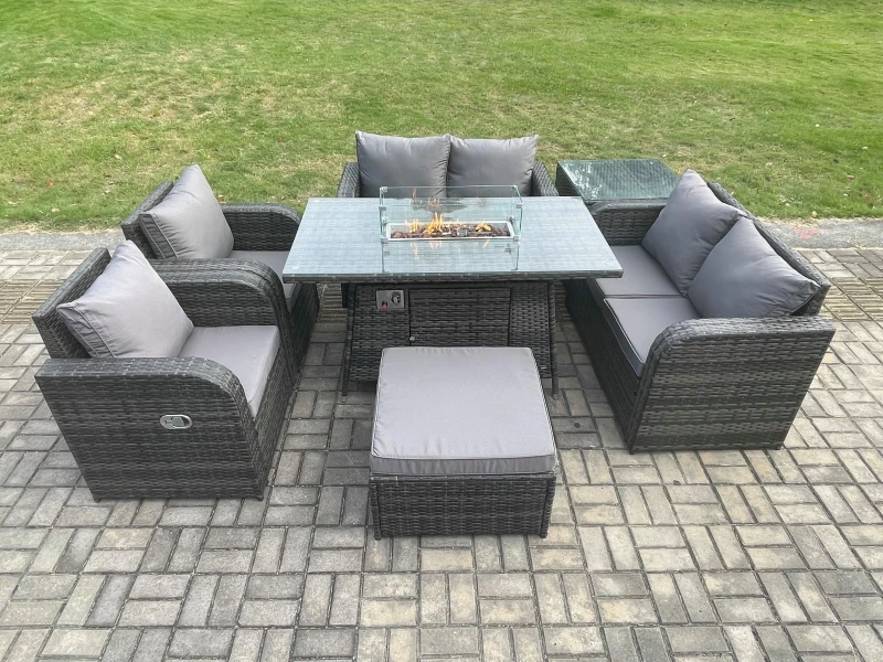 Image of Fimous 7 Seater Rattan Garden Furniture Set Propane Gas Fire Pit Table and Sofa Chair set with Big Footstool Side Table Dark Grey