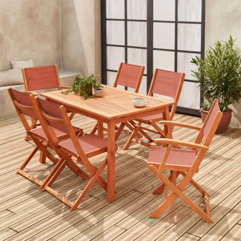Image of SWEEEK 6-seater extendable wooden garden table set with chairs Natural 240x100x75cm - Almeria 6 EC180R6TC